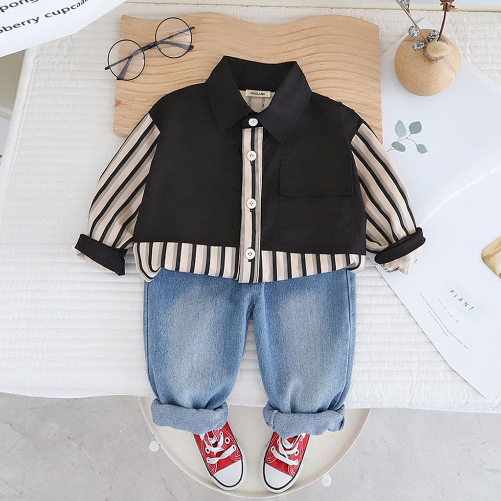 Boys Black Striped Long Sleeves Shirt With Denim Jeans Set Sets Black 1-2 Y 