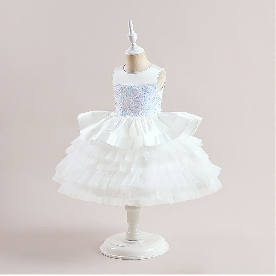 Girls White Tiered Flared Partywear Dress Party Dresses   