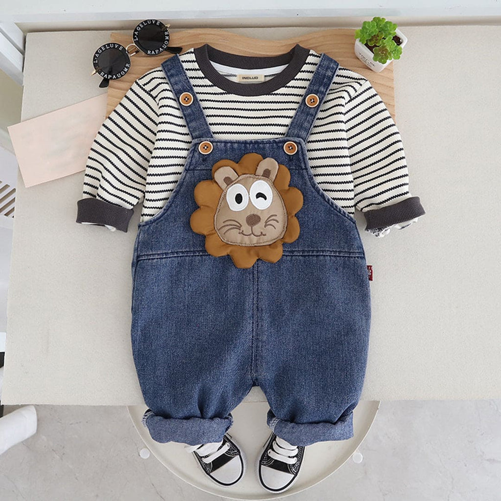 Boys Brown Striped Sweatshirt With Denim Dungaree Set Sets Brown 1-2 Y 