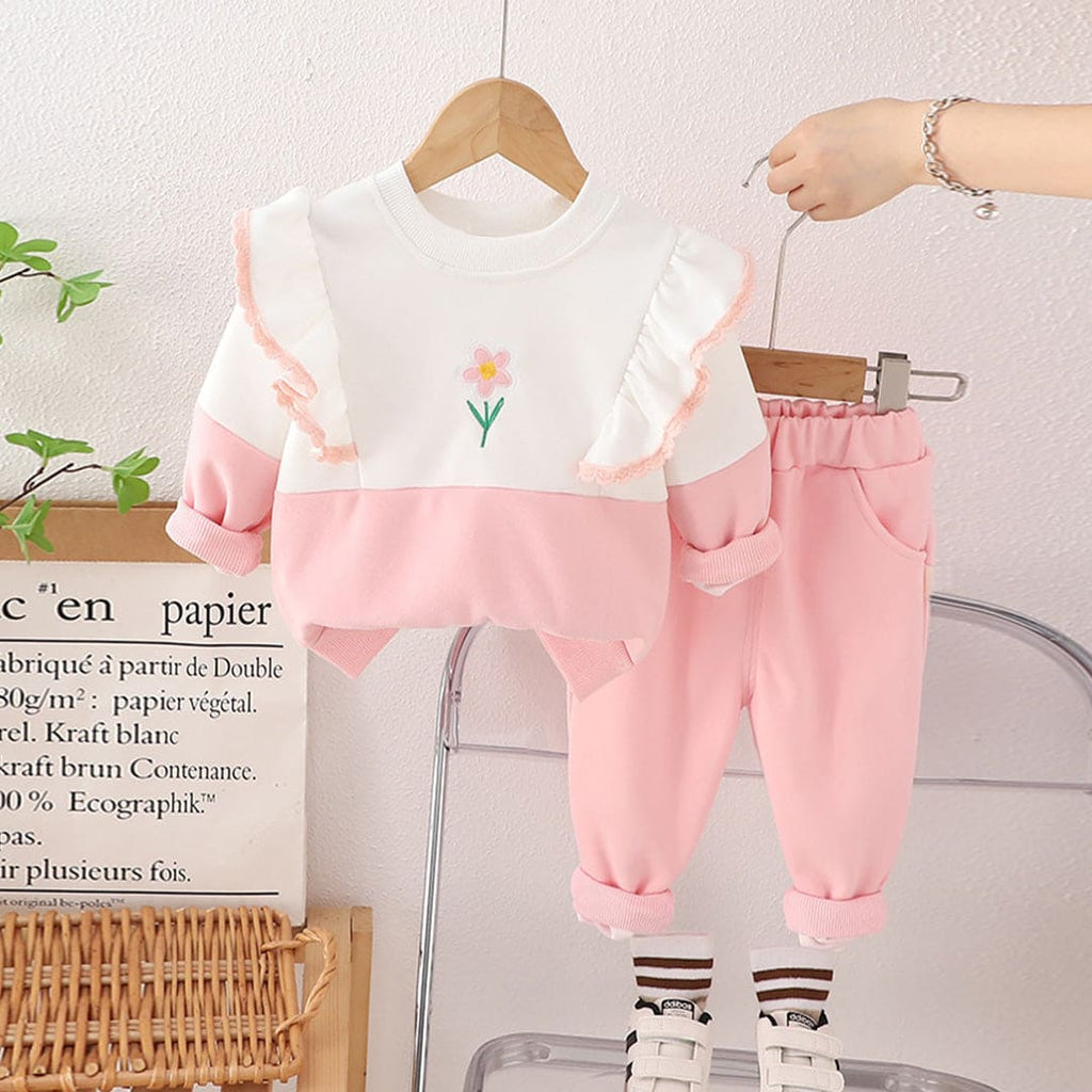 Girls Pink Long Sleeves Ruffle Sweatshirt With Trouser Set Sets Pink 1-2 Y 