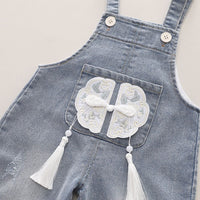 Girls Long Sleeves Top With Denim Dungaree Set Sets   