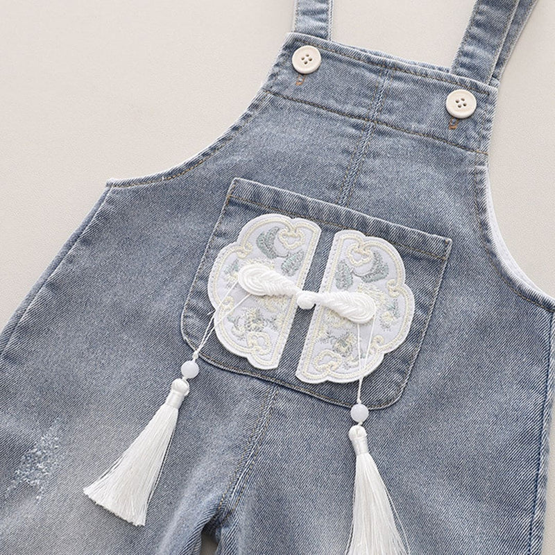 Girls Long Sleeves Top With Denim Dungaree Set Sets   