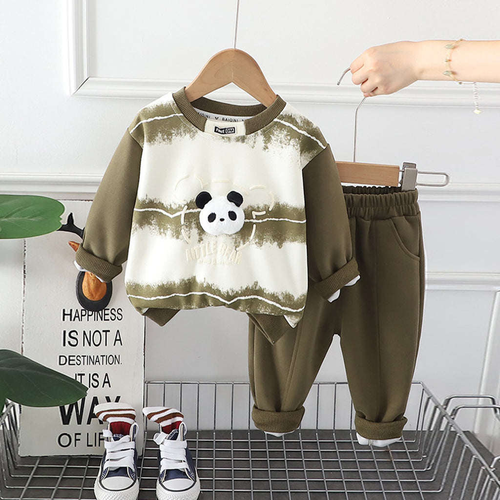 Boys Green Little Bear Printed Sweatshirt With Pants Set Sets Green 1-2 Y 