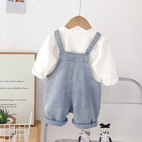 Girls Long Sleeves Top With Denim Dungaree Set Sets   