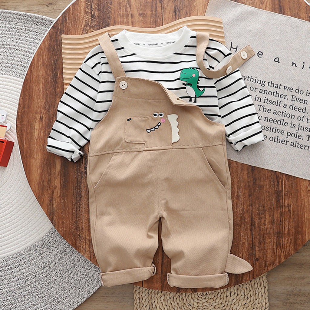 Boys Striped T-Shirt With Khaki Long Leg Dungaree Set Sets Khaki 1-2 Y 