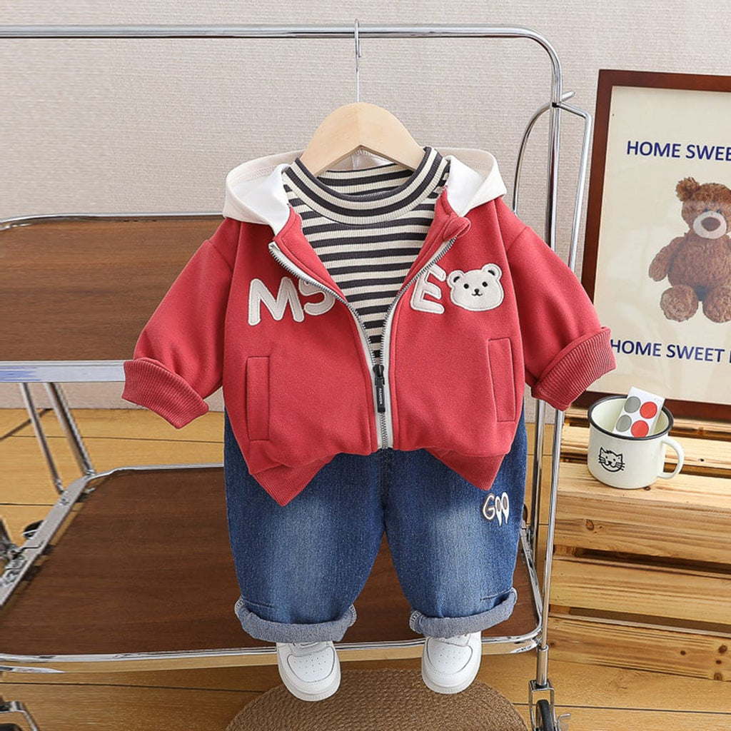 Boys Red Striped T-Shirt With Hooded Jacket & Denim Jeans Set Sets Red 1-2 Y 