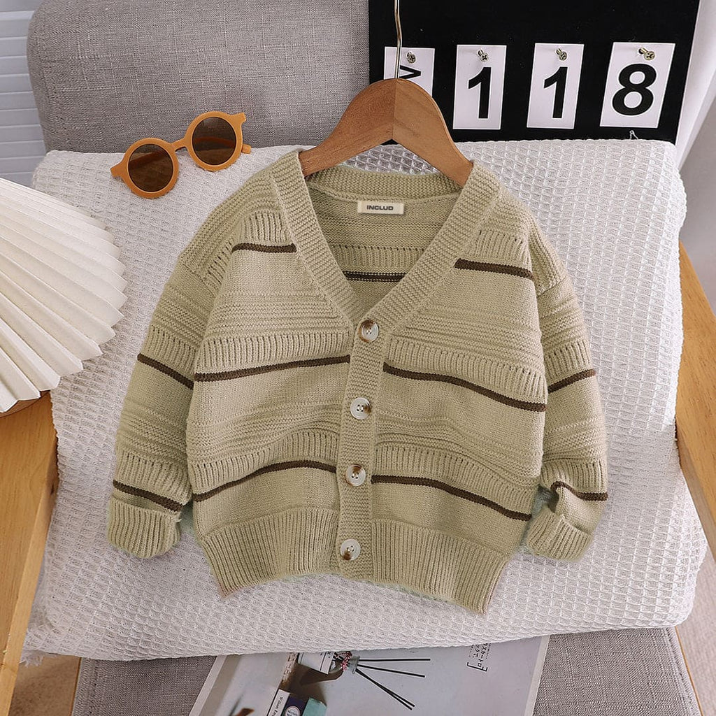 Boys Khaki Long Sleeve V-Neck Striped Cardigans Sweaters & Cardigans Khaki 1-2 Y 