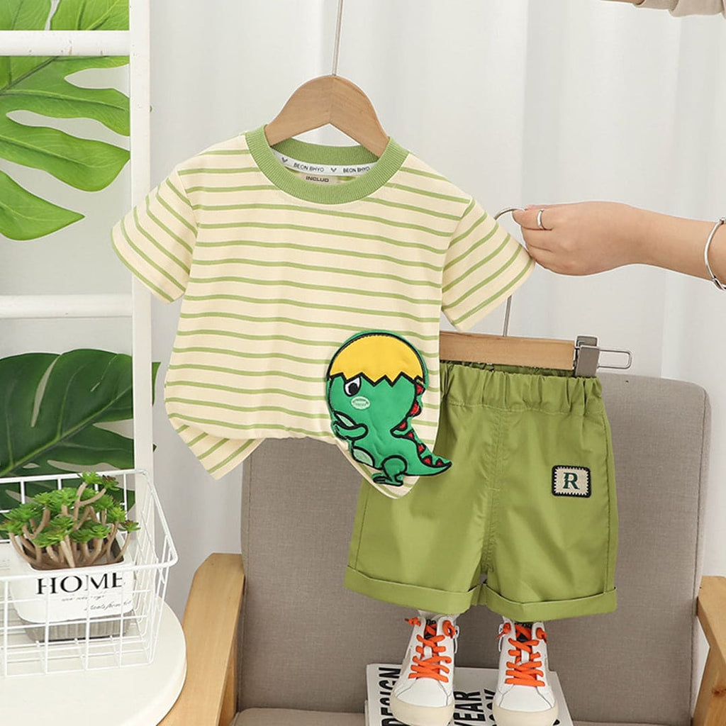 Boys Yellow Dinosaur Applique Striped T-Shirt With Shorts Set Sets Yellow 1-2 Y 