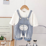Girls Long Sleeves Top With Denim Dungaree Set