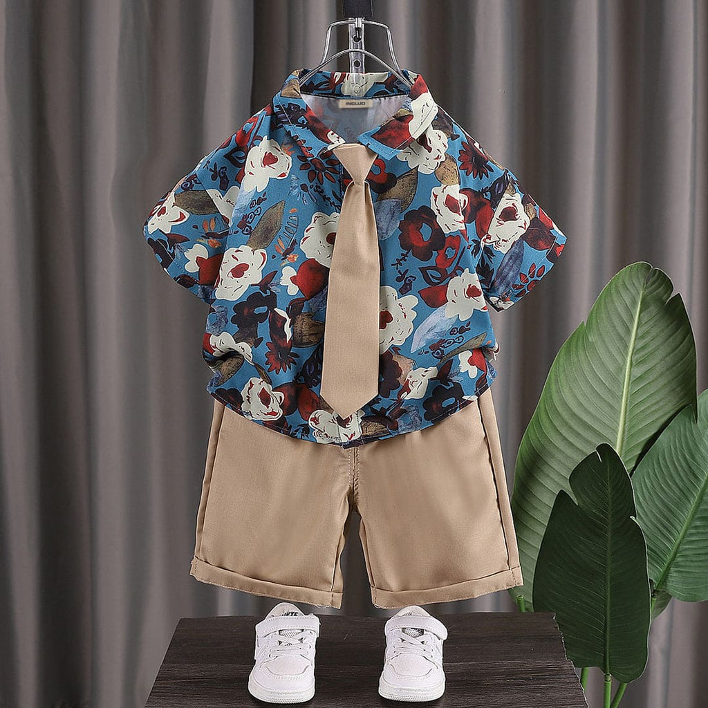 Boys Floral Print Shirt With Tie & Shorts Set Sets Blue 1-2 Y 