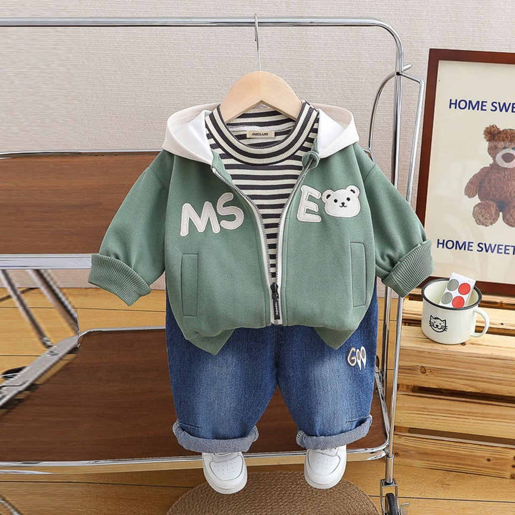 Boys Green Striped T-Shirt With Hooded Jacket & Denim Jeans Set Sets Green 1-2 Y 