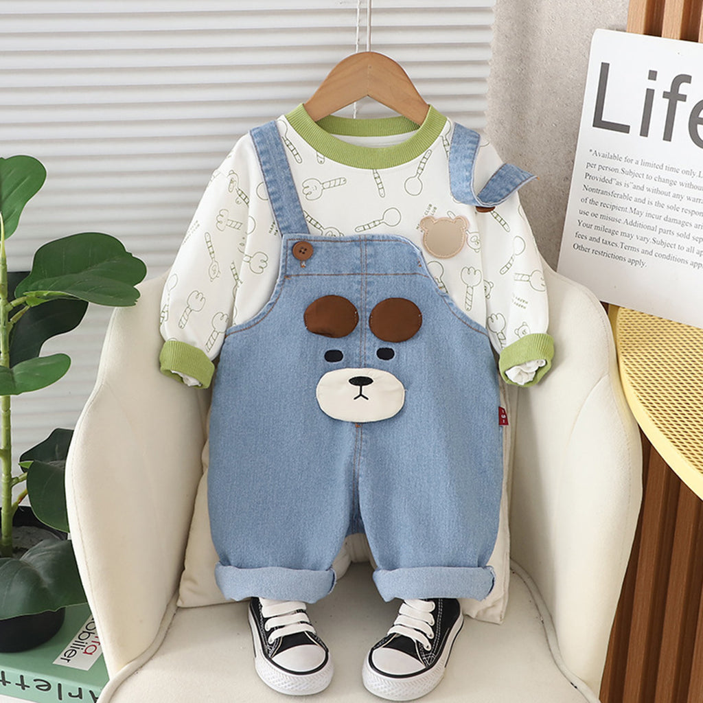 Boys Green Printed Sweatshirt With Denim Dungaree Set Sets Green 1-2 Y 