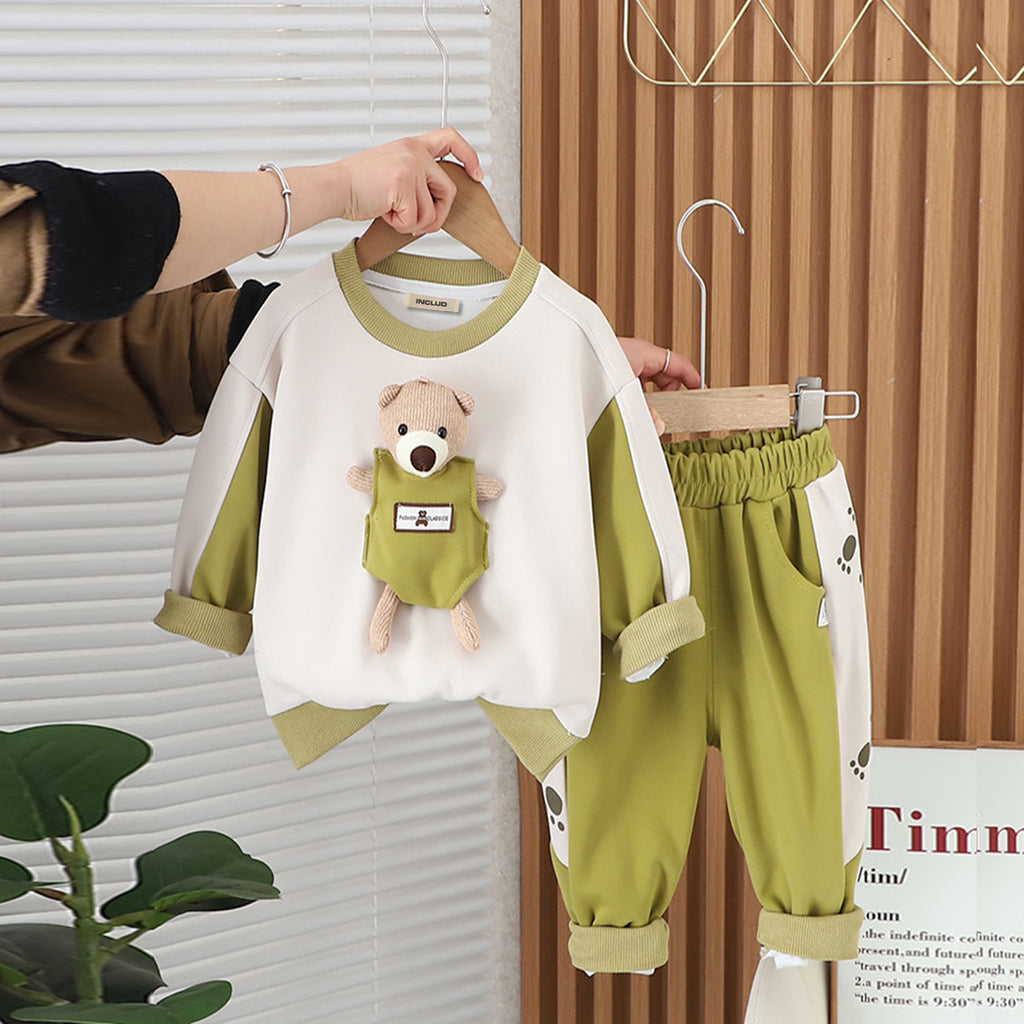 Boys Green Color-blocked Pocket Teddy Sweatshirt With Trouser Set Sets Green 1-2 Y 