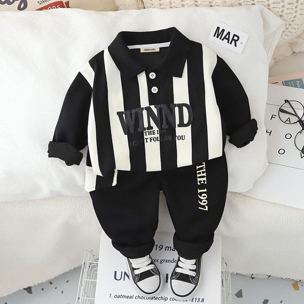 Boys Black Striped Long Sleeves Polo T-Shirt With Trouser Set Sets Black 1-2 Y 