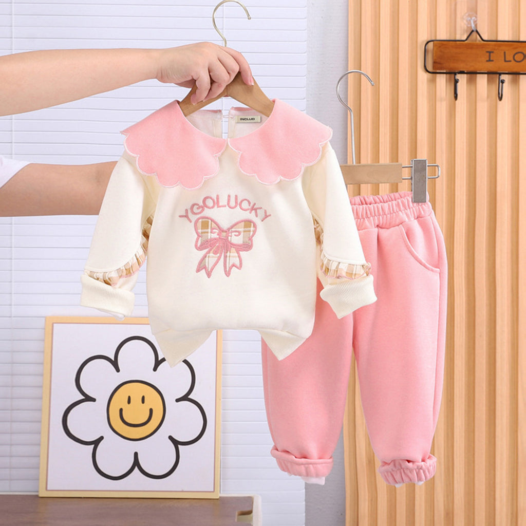 Girls Pink Peter Pan Collar Bow Embroidery Sweatshirt With Pants Set Sets Pink 1-2 Y 