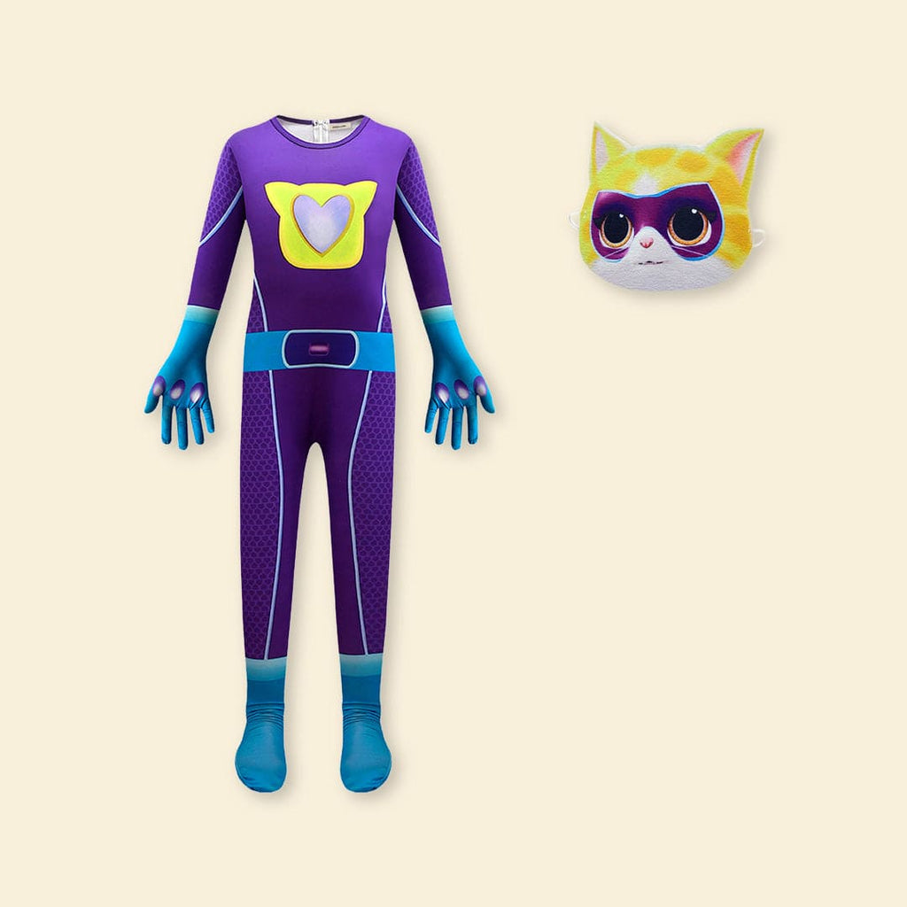 Boys Purple Super Kittie Printed Halloween Romper With Mask Sets   