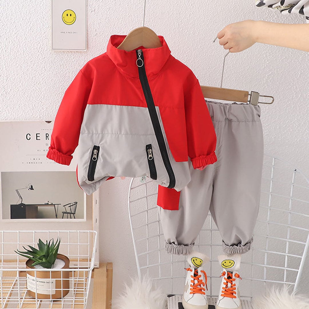 Boys Red Long Sleeve Color-blocked Jacket With Trouser Set Sets Red 1-2 Y