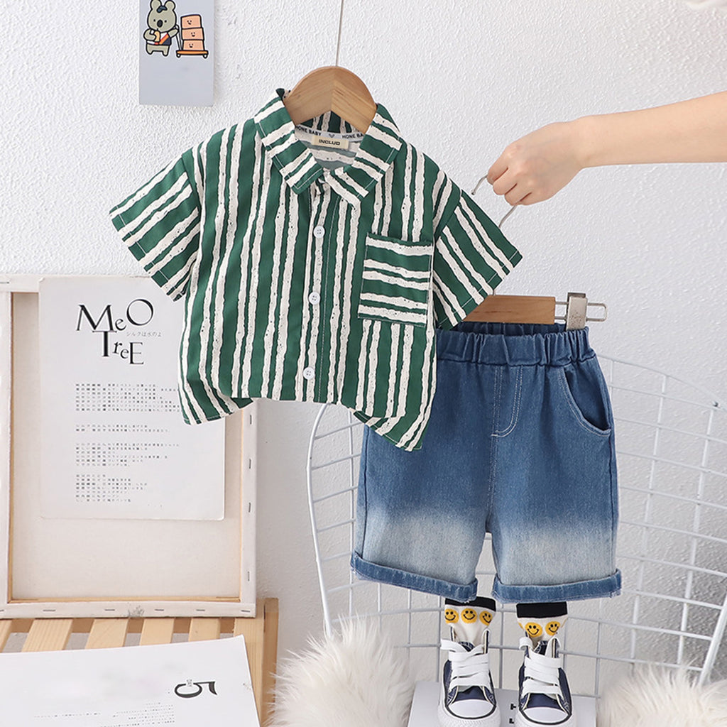 Boys Green Striped Shorts Sleeves Shirt With Denim Shorts Set Sets Green 1-2 Y 