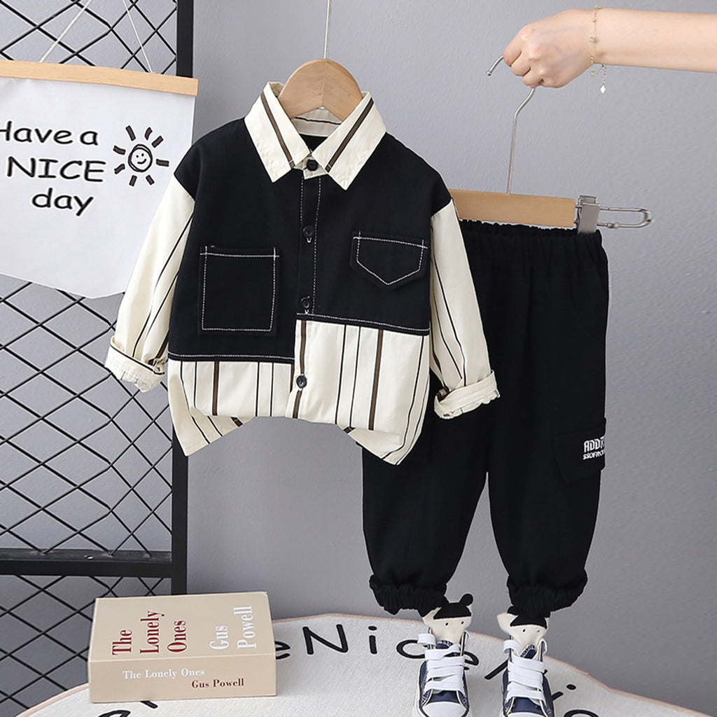 Boys Black Striped Color-blocked Shirt With Trouser Set Sets Black 1-2 Y 