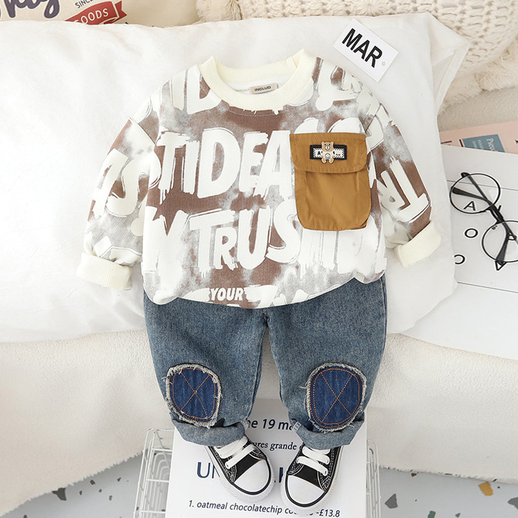 Boys Brown Printed Sweatshirt with Patch Applique Denim Set Sets Brown 1-2 Y 