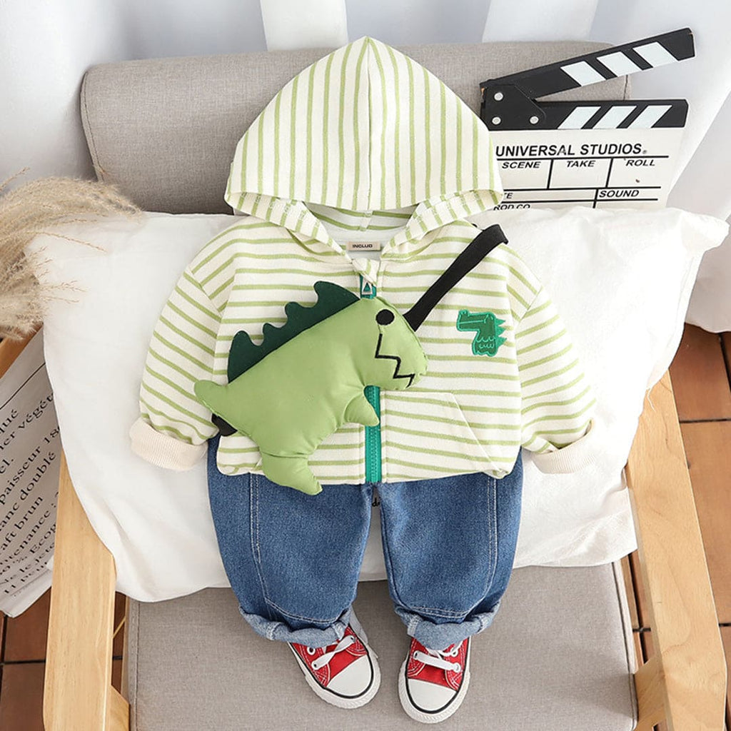 Boys Sea Green Striped Hooded Sweatshirt With Denim Jeans Set Sets Sea Green 1-2 Y 