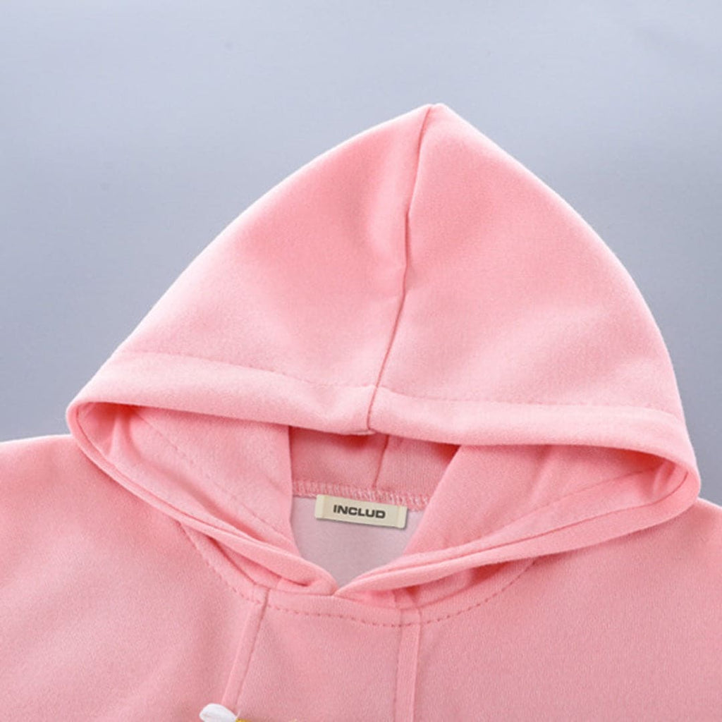 Girls Pink Embroidered Hooded Sweatshirt With Pants Set Sets   