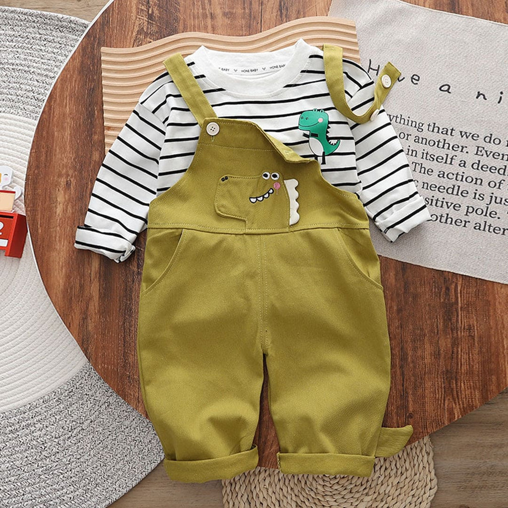 Boys Striped T-Shirt With Olive Long Leg Dungaree Set Sets Olive 1-2 Y 