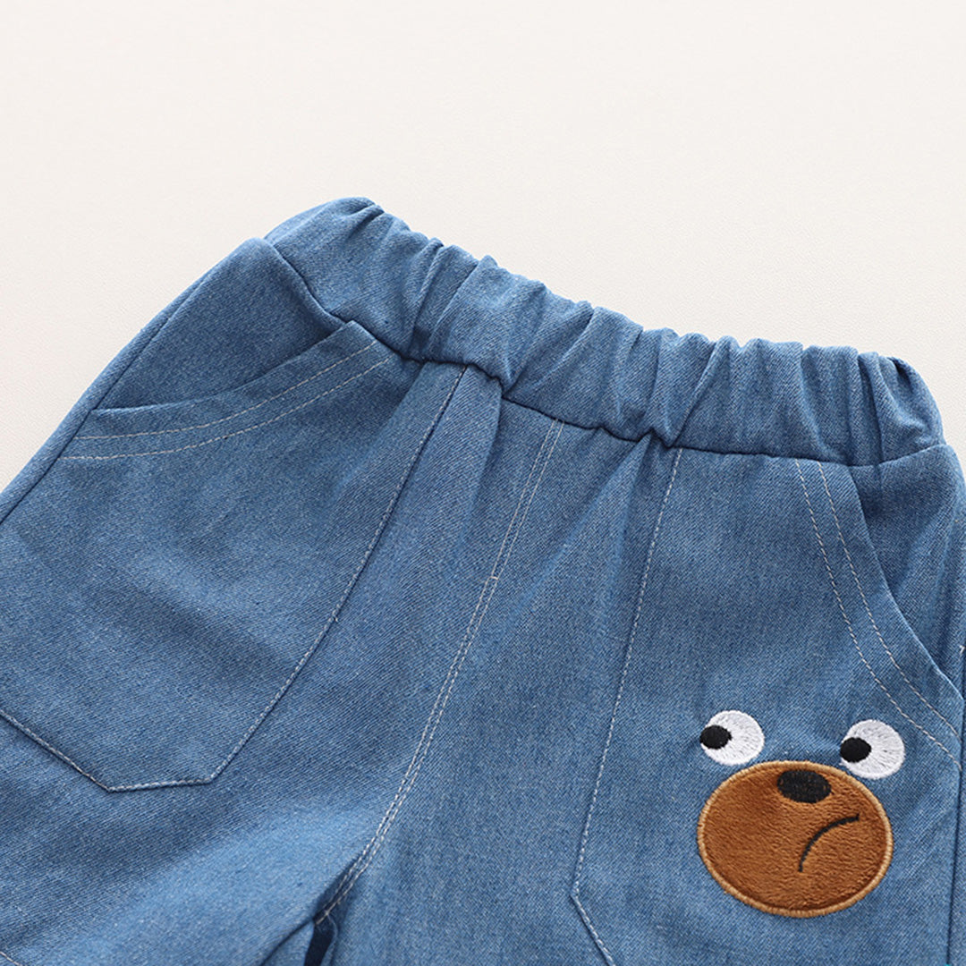 Boys Brown Striped T-Shirt With Teddy & Denim Shorts Set Sets   
