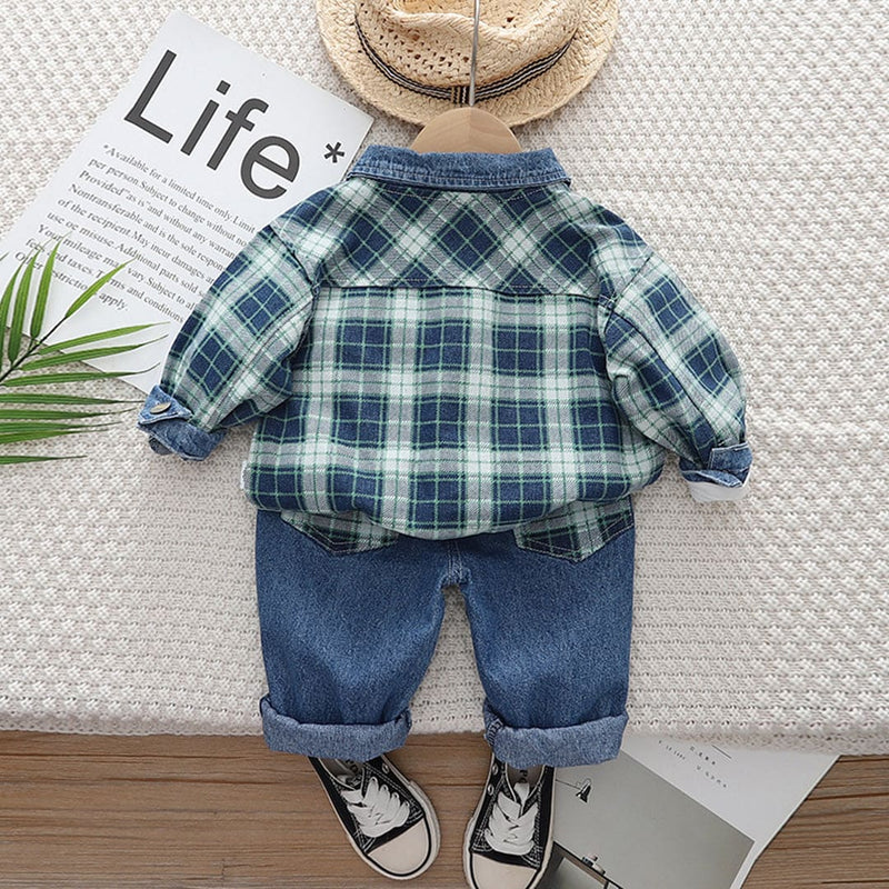 Boys Check Shirt With Long Sleeves T-Shirt and Denim Jeans Set Sets   