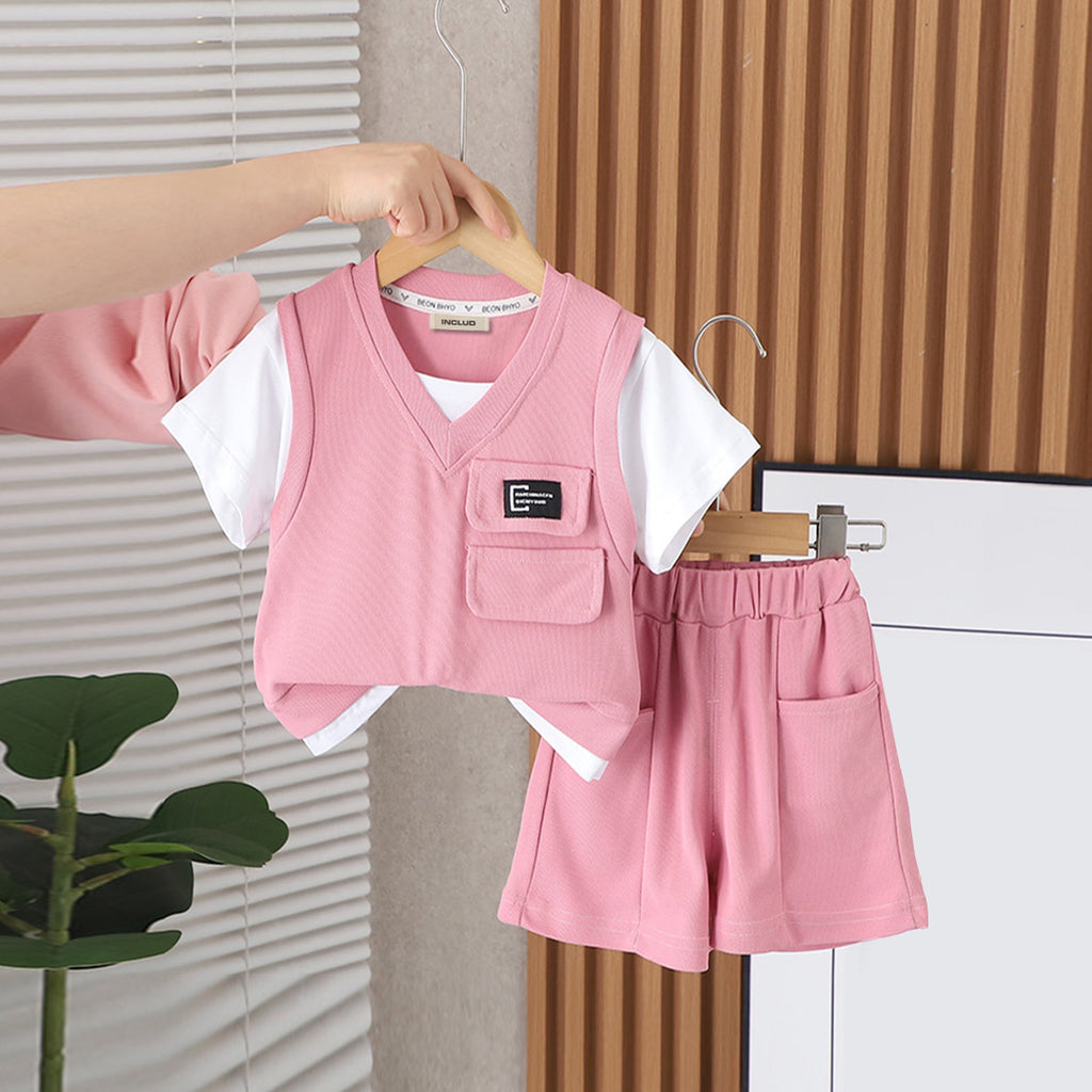 Boys Pink Short Sleeves V-Neck T-Shirt With Shorts Set Sets Pink 1-2 Y 