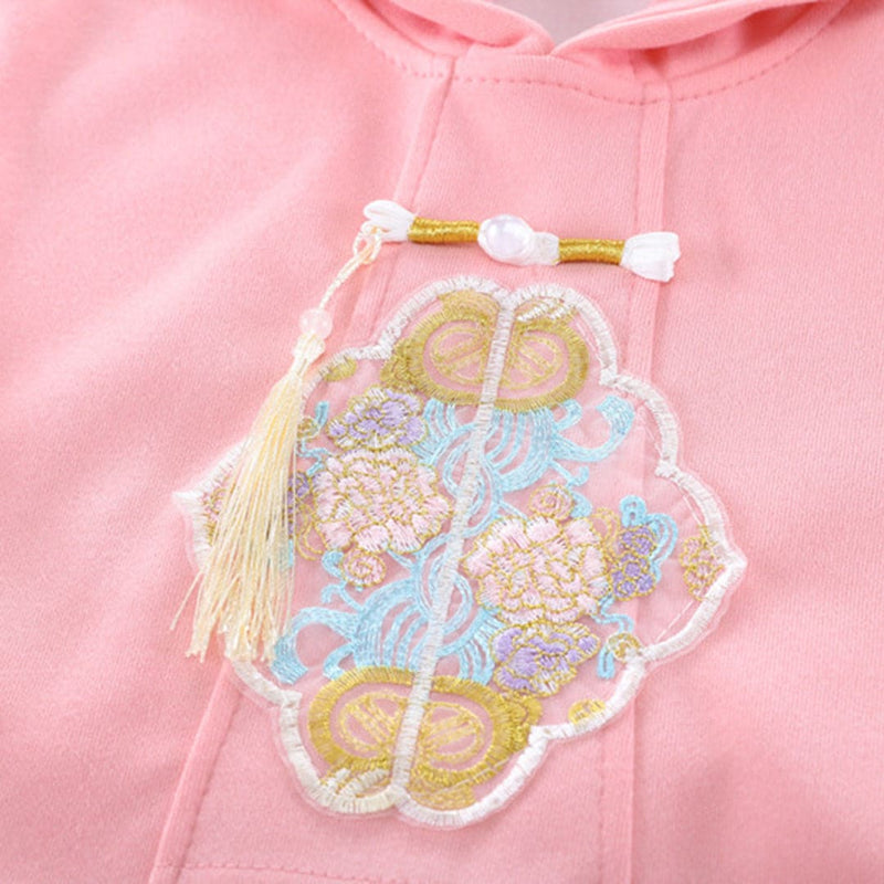 Girls Pink Embroidered Hooded Sweatshirt With Pants Set Sets   