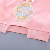 Girls Pink Embroidered Hooded Sweatshirt With Pants Set Sets   