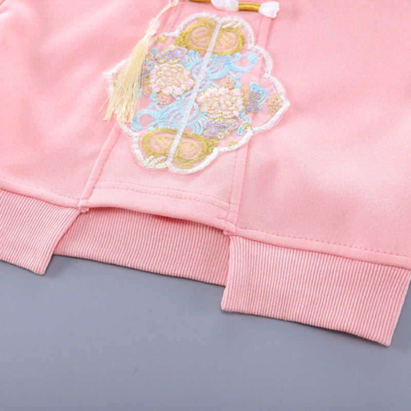 Girls Pink Embroidered Hooded Sweatshirt With Pants Set Sets   