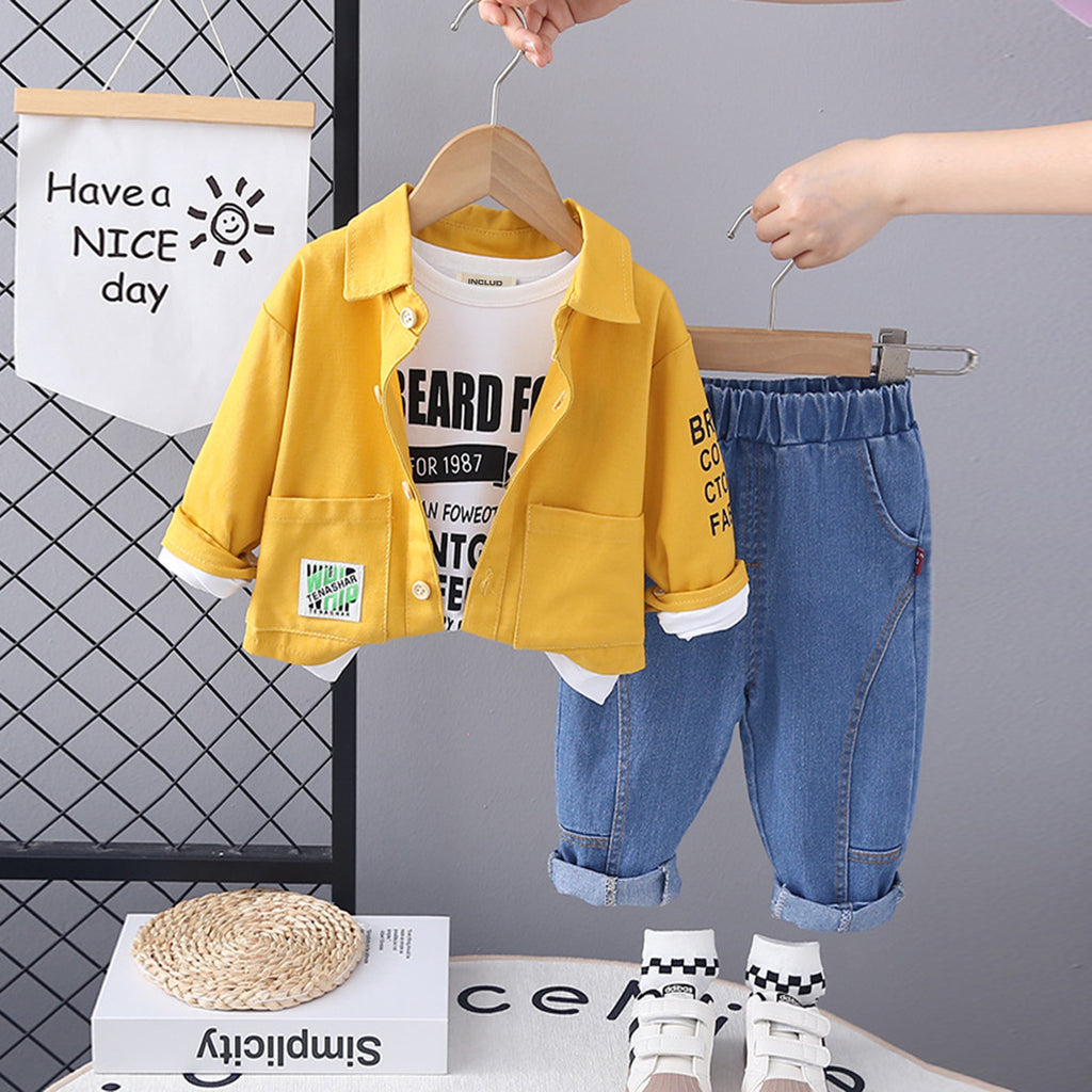 Boys Yellow Shirt Jacket With Printed T-Shirt & Denim Trouser Set Sets Yellow 1-2 Y 