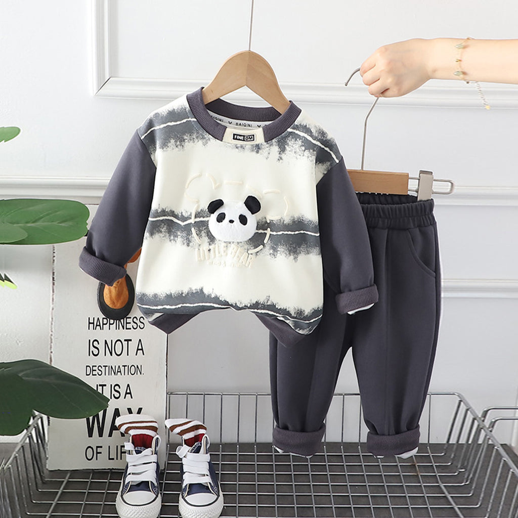 Boys Gray Little Bear Printed Sweatshirt With Pants Set Sets Gray 1-2 Y 