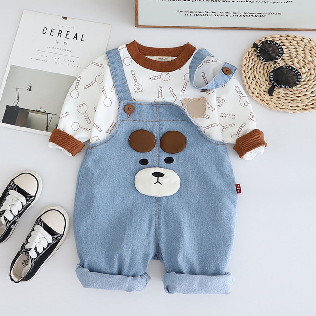 Boys Brown Printed Sweatshirt With Denim Dungaree Set Sets Brown 1-2 Y 