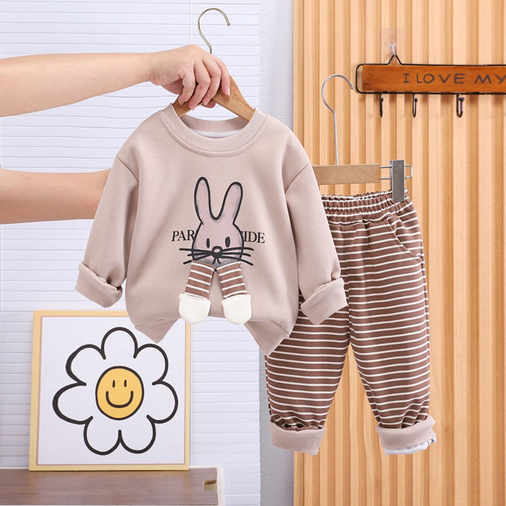 Boys Rabbit Print Khaki Sweatshirt With Striped Pants Set Sets Khaki 1-2 Y 