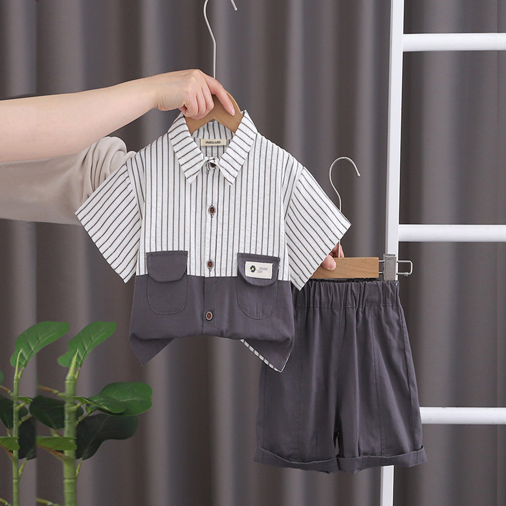 Boys Grey Striped Short Sleeves Shirt With Shorts Set Sets Gray 1-2 Y 