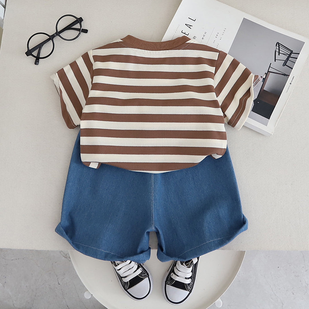 Boys Brown Striped T-Shirt With Teddy & Denim Shorts Set Sets   