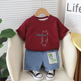 Boys Short Sleeve Graphic Red T-Shirt With Denim Shorts Set