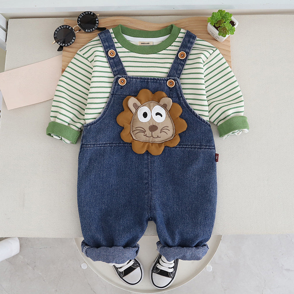 Boys Green Striped Sweatshirt With Denim Dungaree Set Sets Green 1-2 Y 