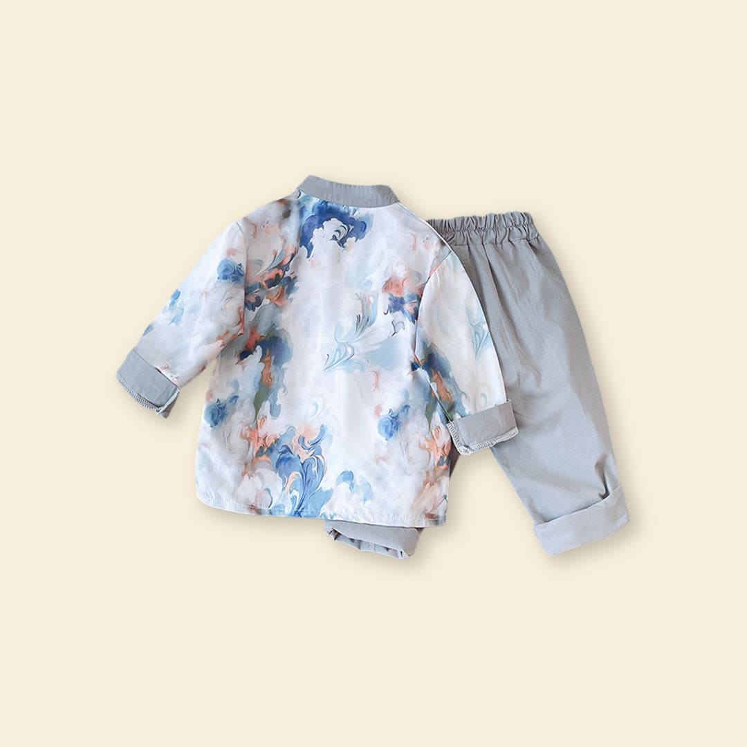 Boys Blue Printed Long Sleeves Shirt With Trouser Sets   