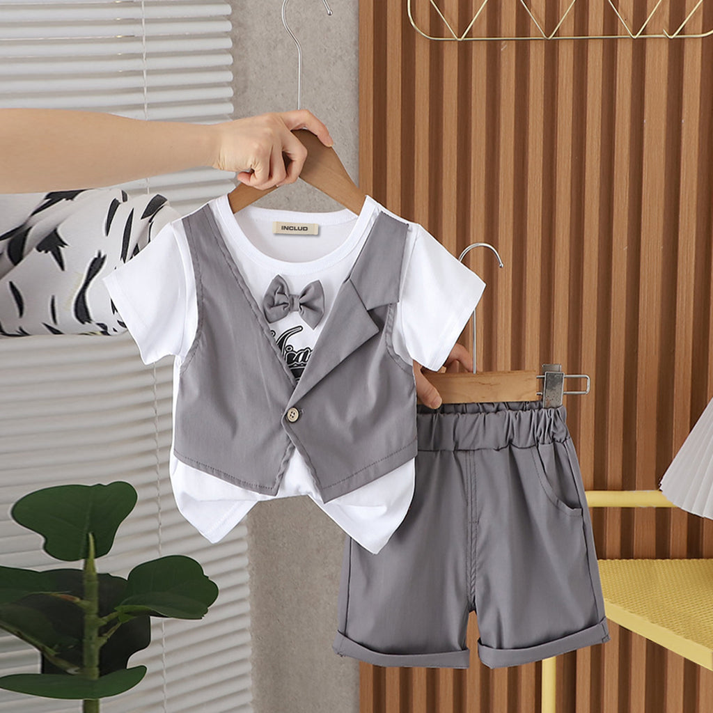 Boys Grey Attached Waistcoat T-Shirt With Shorts Set Sets Grey 1-2 Y 