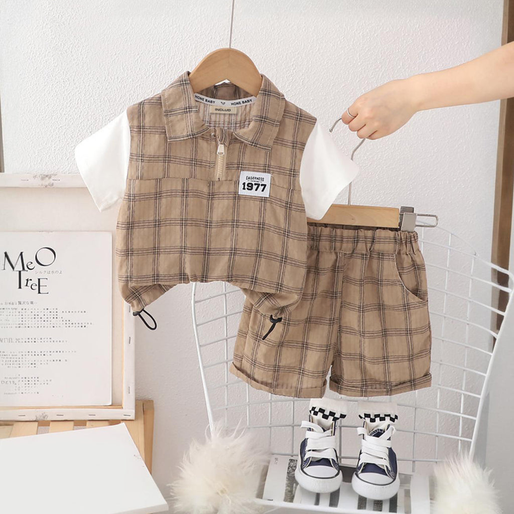 Boys Brown Check Shirt With Shorts Set Sets Khaki 1-2 Y 