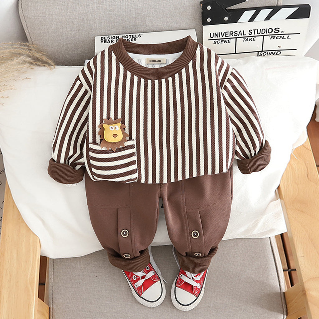 Boys Striped Brown Sweatshirt With Trouser Set Sets Brown 1-2 Y 