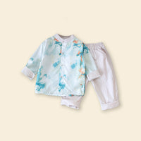 Boys Green Printed Long Sleeves Shirt With Trouser Set Sets   