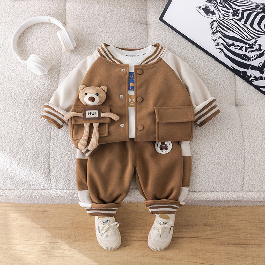 Boys Brown Jacket With Long Sleeves T-Shirt and Trouser Set Sets Brown 1-2 Y 