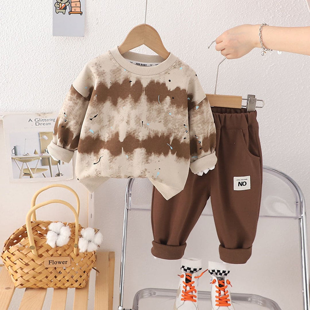 Boys Printed Long Sleeves Brown Sweatshirt With Trouser Set Sets Brown 1-2 Y 