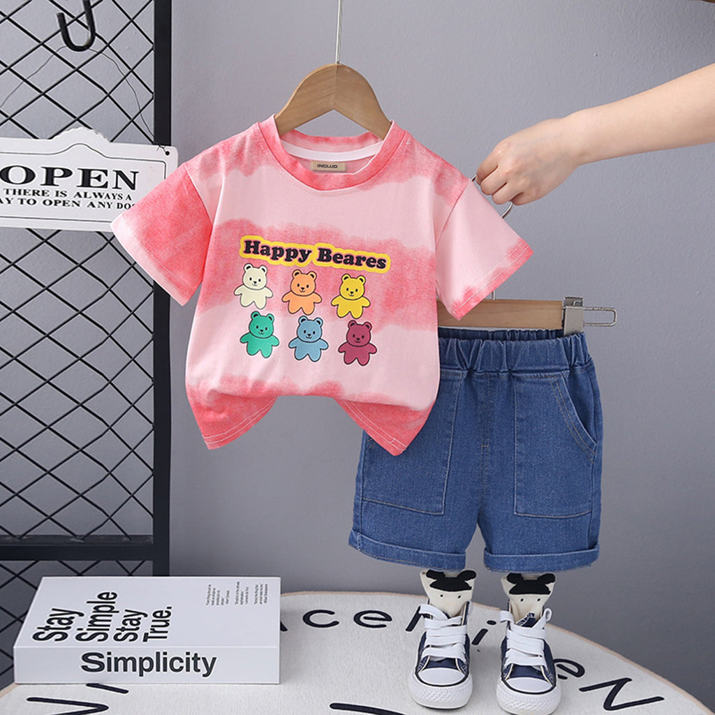 Girls Bear Print Short Sleeves T-Shirt With Denim Shorts Set Sets Pink 1-2 Y 