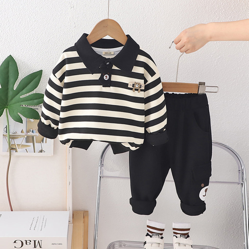 Boys Black Striped Long Sleeve Polo T-Shirt With Trouser Set Sets Black 1-2 Y 